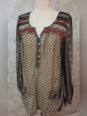 Free People Boho Embroidered Beaded Tunic Top Mixed Print Pockets M